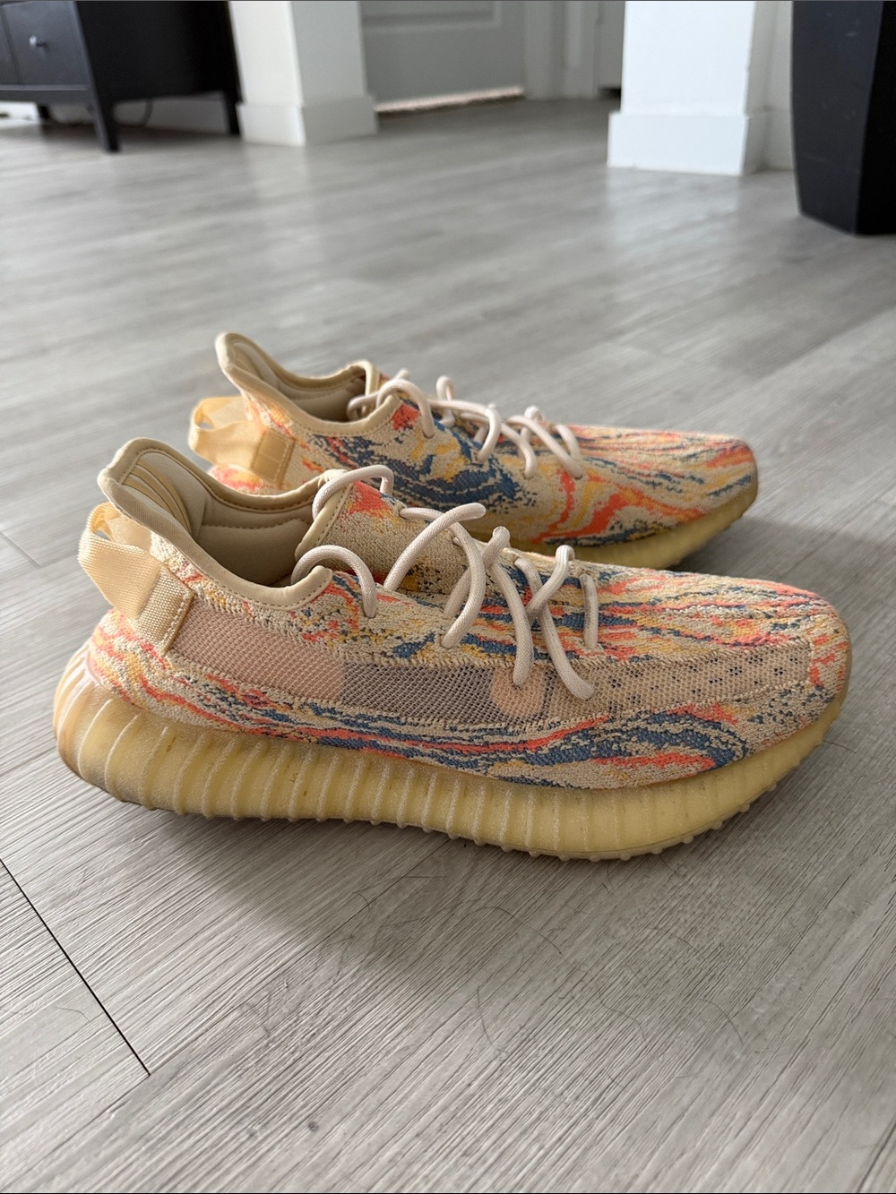 Yeezy Boost 350 V2 Multicolor Marble Knit Sneakers - Beige, Orange, Blue